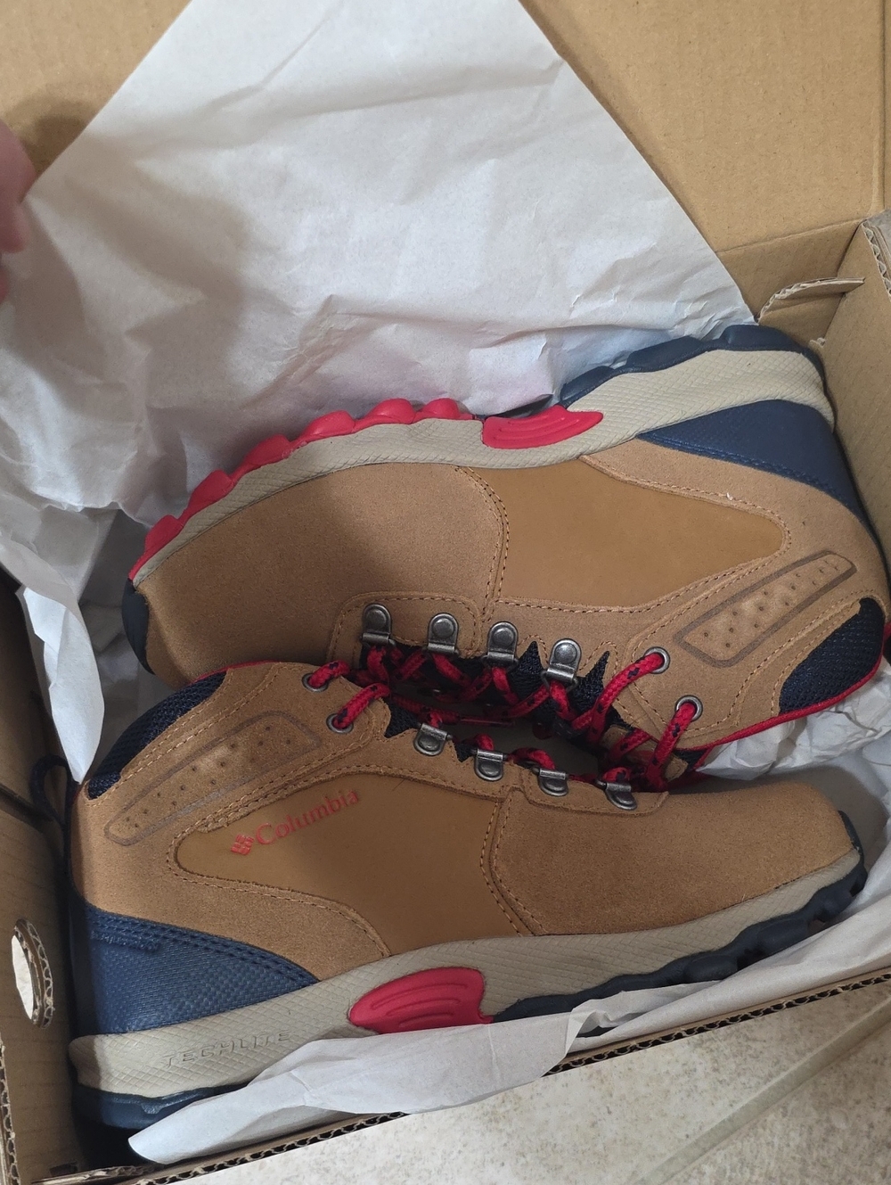 Columbia Tan and Navy Hiking Boots with Red Accents